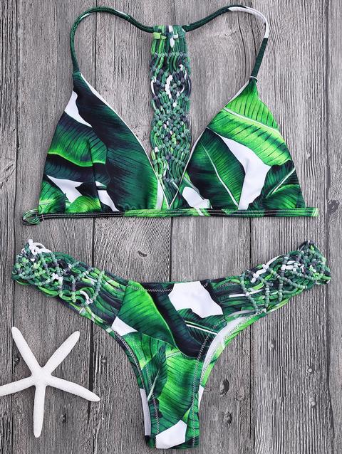 Crochet Panel Palm Leaves Bikini Set