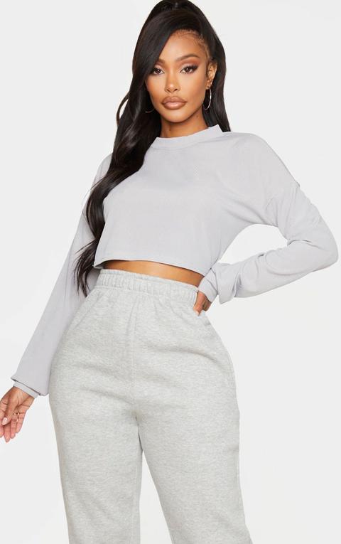 Shape Grey Marl Ribbed Long Sleeve Extreme Crop Top