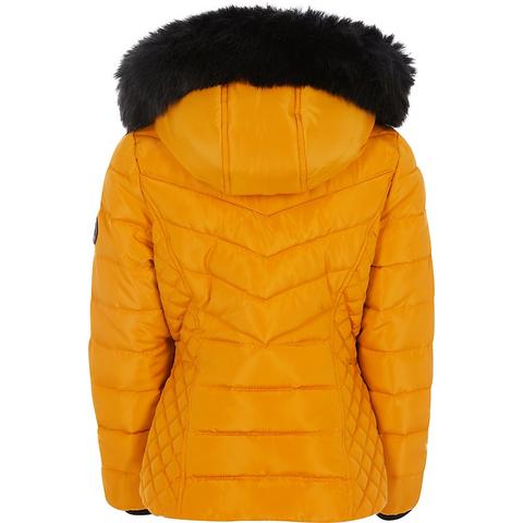 yellow padded coat with fur hood