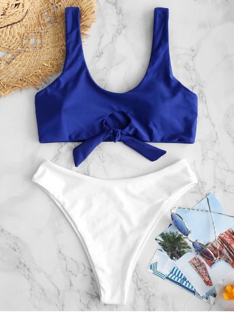 Zaful Keyhole Tied Color Block Bikini Set Cobalt Blue