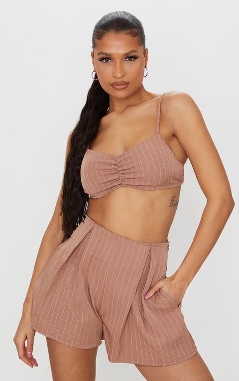 Dusty Pink Woven Pinstripe Ruched Tie Front Bralet