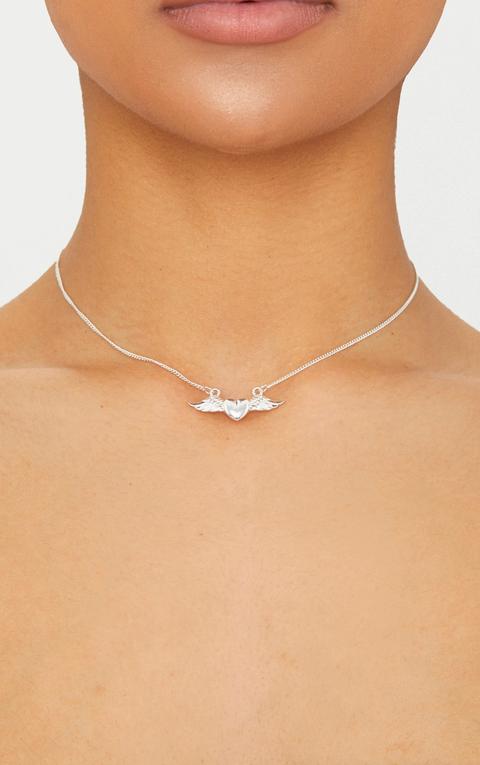 Silver Mini Heart Wings Necklace, Grey