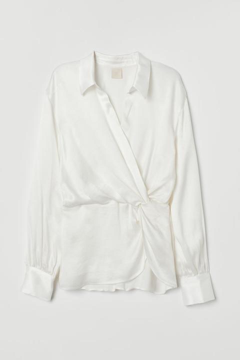 H & M - Blusa Cruzada Con Cuello - Blanco