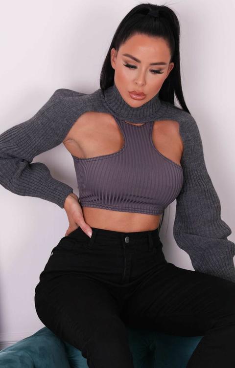 Grey Thick Rib Long Sleeve Roll Neck Cut Away Extreme Cropped Jumper - Penny