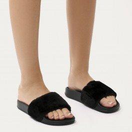 Solstice Faux Fur Slider Sandals In Black