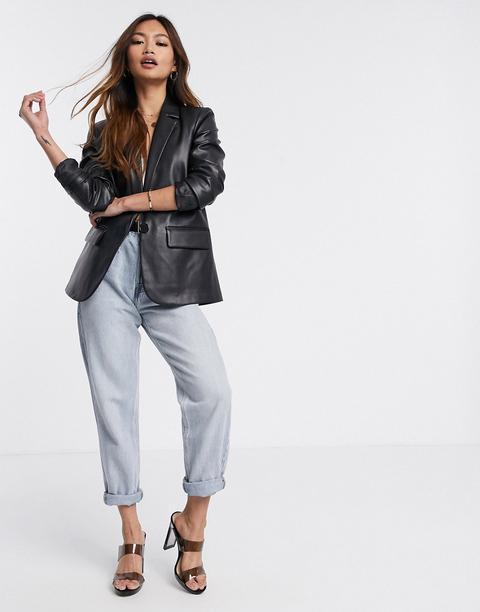 Mango Faux Leather Blazer In Black