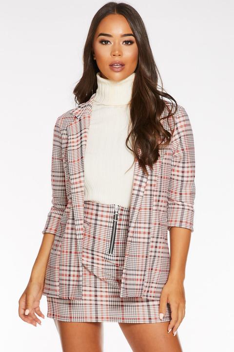 Rust And Grey 3/4 Sleeve Check Blazer