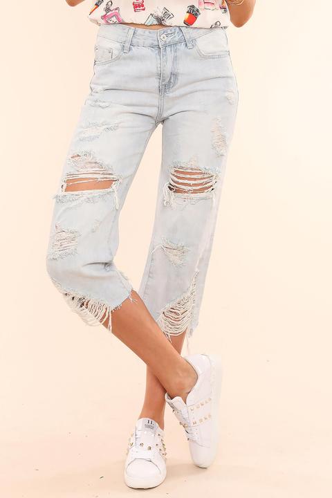 Jeans Cropped Rotos Deshilachados