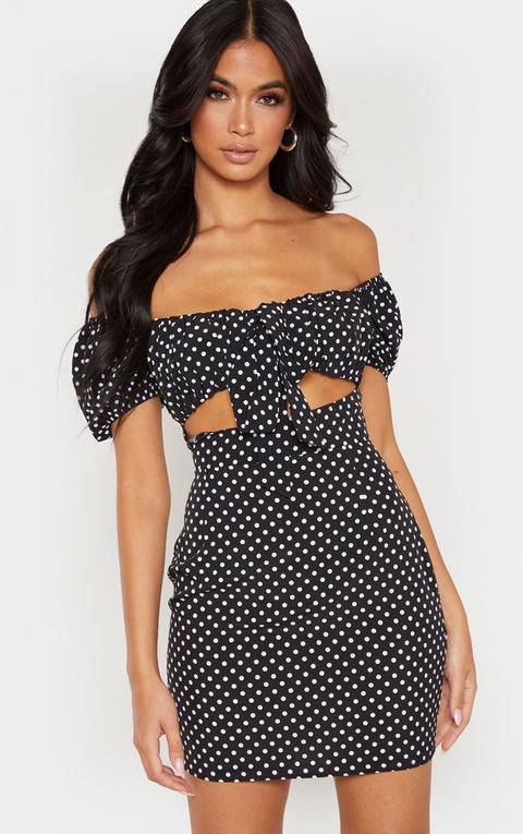 black and white spotty bardot dress