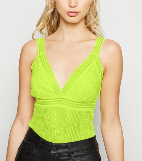 Yellow Neon Lace Strappy Bodysuit New Look