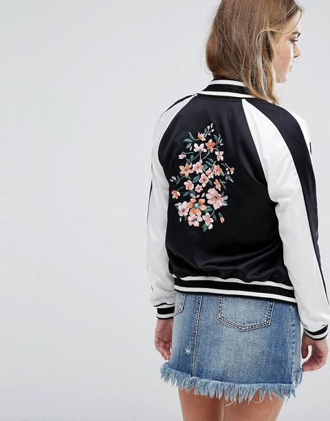 Hollister - Bomber Trophy Double-face Con Fiori Ricamati - Nero