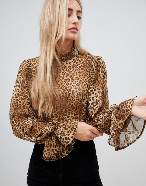 Missguided High Neck Chiffon Blouse With Flare Cuffs In Leopard - Brown