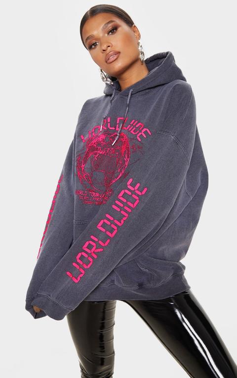 Grey Worldwide Slogan Oversized Hoodie