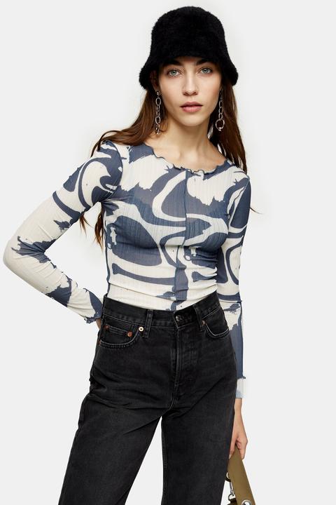 Womens Abstract Swirl Print Mesh Top - Multi, Multi