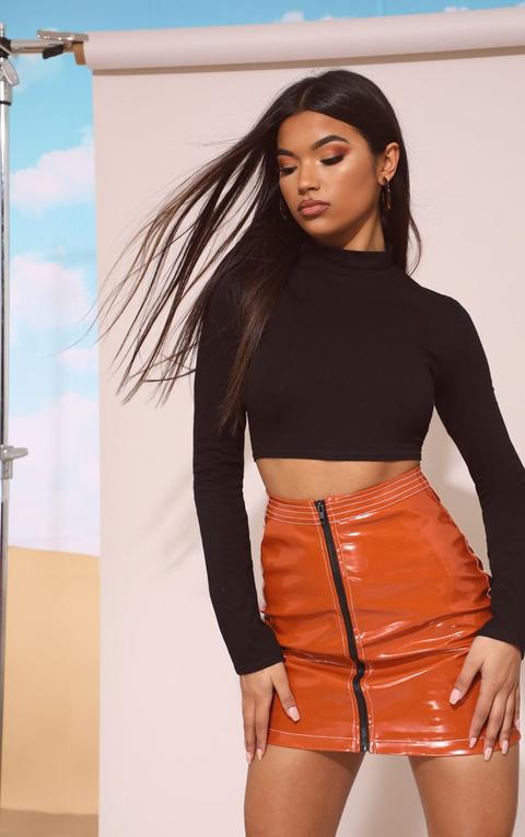 Black High Neck Long Sleeve Crop Top