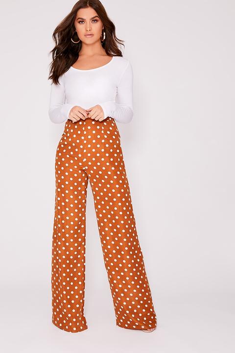 Brown Trousers - Korra Brown Polka Dot Wide Leg Trousers