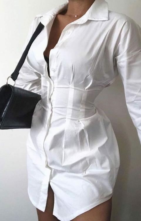 White Pleated Long Sleeve Shirt Mini Dress - Kelby