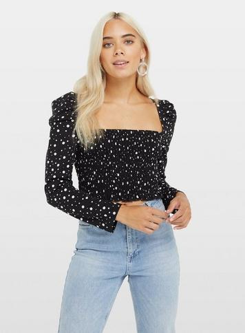 Womens Petite Black Spot Shirred Milkmaid Top, Black