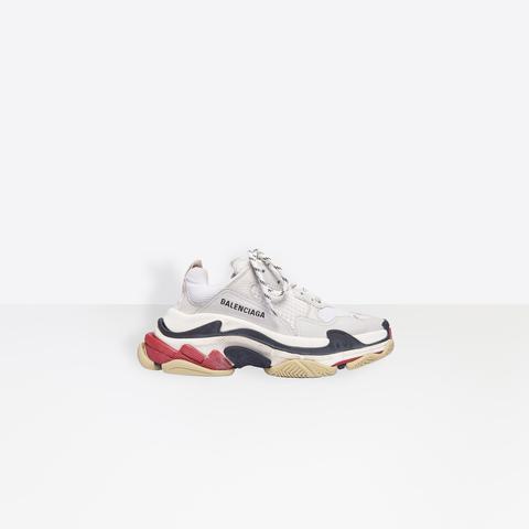 Triple S Sneaker In White, Red And Black Calfskin, Lambskin And Mesh