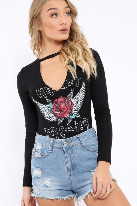 Black Heart Breaker Bodysuit With Plunge Neck - Scarlet