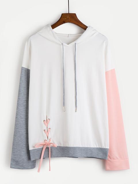 Contrast Sleeve Eyelet Lace Up Side Hoodie