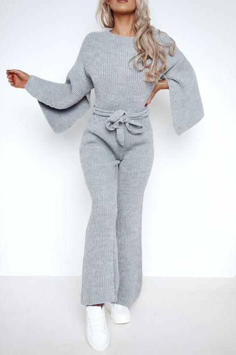 Grey Batwing Split Sleeve Knitted Top And Wide Leg Trouser Co-ord Set