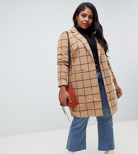 New Look Curve Coat With Grid Check In Camel