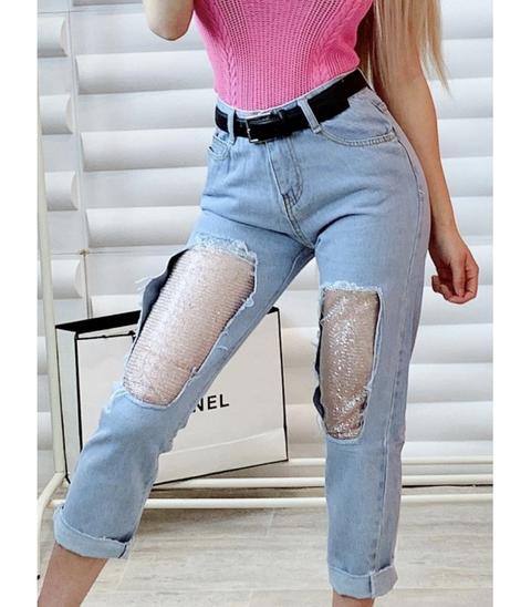 Pantalon Vaquero Largo Abertura Rejilla Brillante
