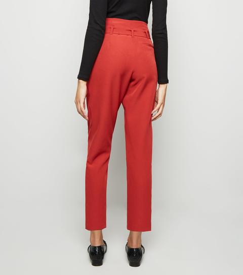 Dark Red High Waist Paperbag Trousers New Look