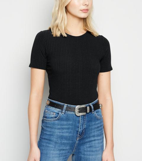 Black Ribbed Short Sleeve Bodysuit New Look