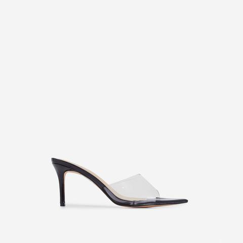 Maelle Pointed Peep Toe Clear Perspex Heel Mule In Black Patent, Black