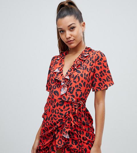 Prettylittlething - Vestitino A Portafoglio Con Volant Rosso Maculato - Rosso