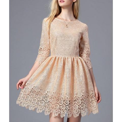 Noble Solid Color 3/4 Sleeve High Waist Pleated Lace Dress For Women - Apricot S