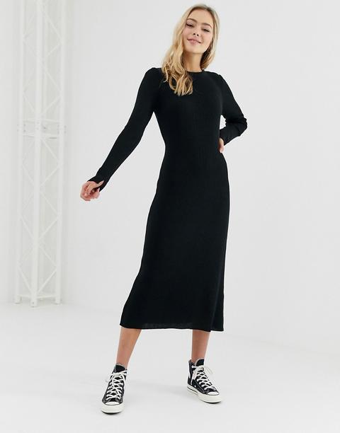 Asos Design - Vestito Midi Svasato In Maglia A Coste - Nero