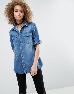 Asos Denim - Camicia Di Jeans Boyfriend Blu Medio Slavato