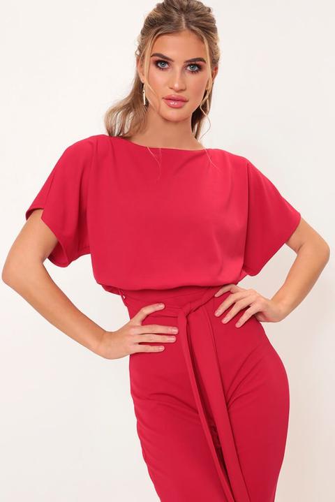 red tie waist jumpsuit