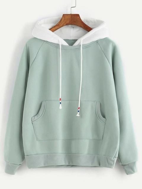 Sudadera De Manga Raglán Con Capucha En Contraste - Verde Claro