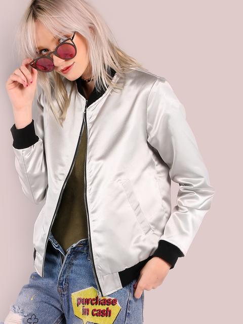 Sleek Metallic Bomber Jacket Silver