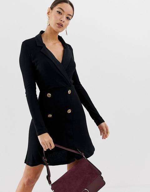 Asos Design - Vestitino Stile Blazer Doppiopetto A Coste Con Bottoni In Corno Sintetico - Nero