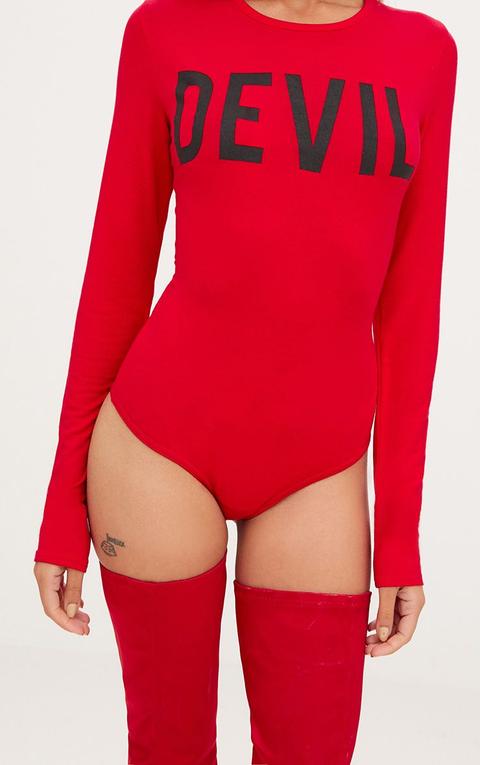 Red Devil Slogan Jersey Thong Bodysuit