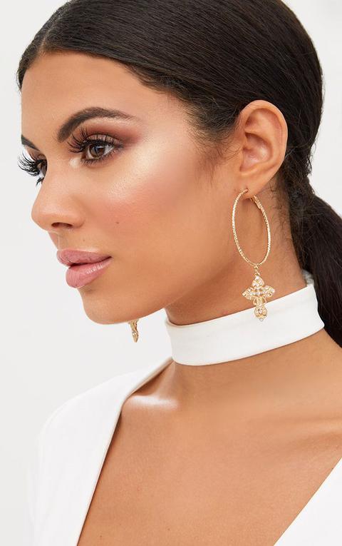 Gold Hoop Cross Diamante Earrings