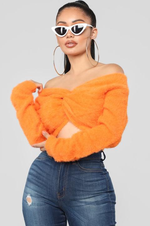 Bend And Snap Fuzzy Cropped Sweater - Orange