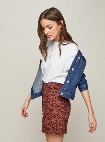 Womens Leopard Print Denim Skirt, Dark Brown