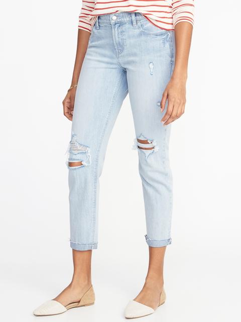 Mid-rise Boyfriend Straight Distressed Jeans For Women