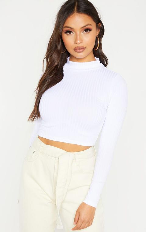 Petite White High Neck Ribbed Long Sleeve Crop Top