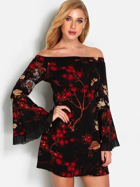 Black Random Floral Print Off The Shoulder Bell Sleeves Dress