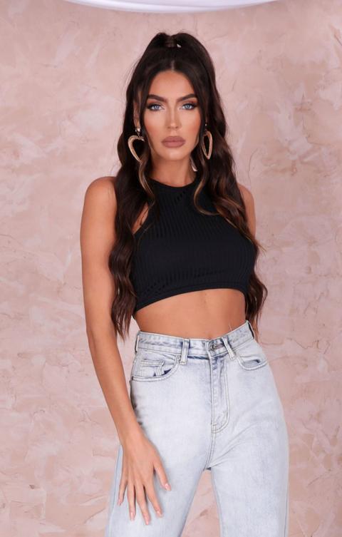 Black Ribbed High Neck Crop Top - Angela