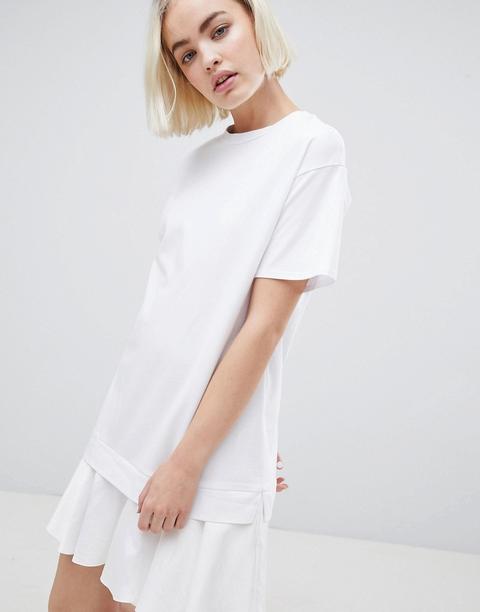 Asos Design T-shirt Dress With Woven Frill Hem - White