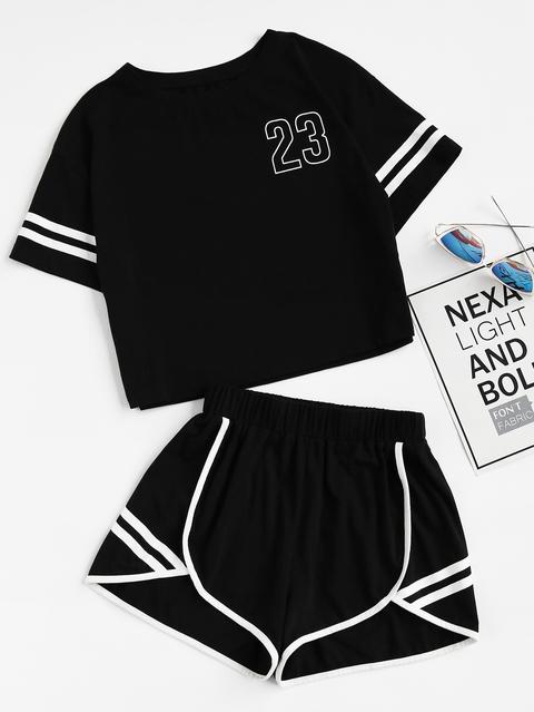 Crop Varsity T-shirt And Contrast Binding Notch Shorts Set