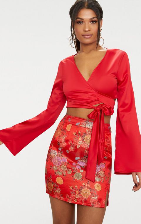 Red Satin Twist Front Wrap Blouse